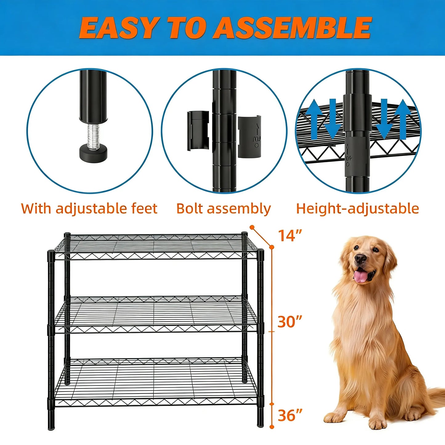 3-Tier Adjustable Metal Rack for Multi-Scene Storage