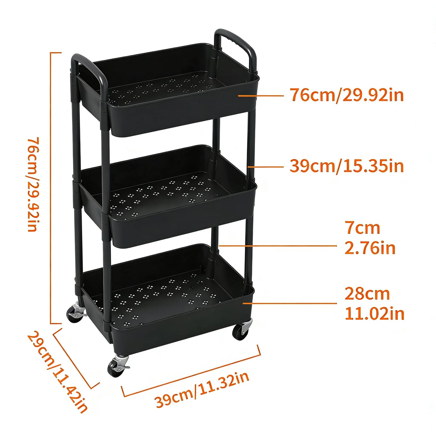 3-Tier Plastic Cart with Wheels, Mobile Storage Organizer