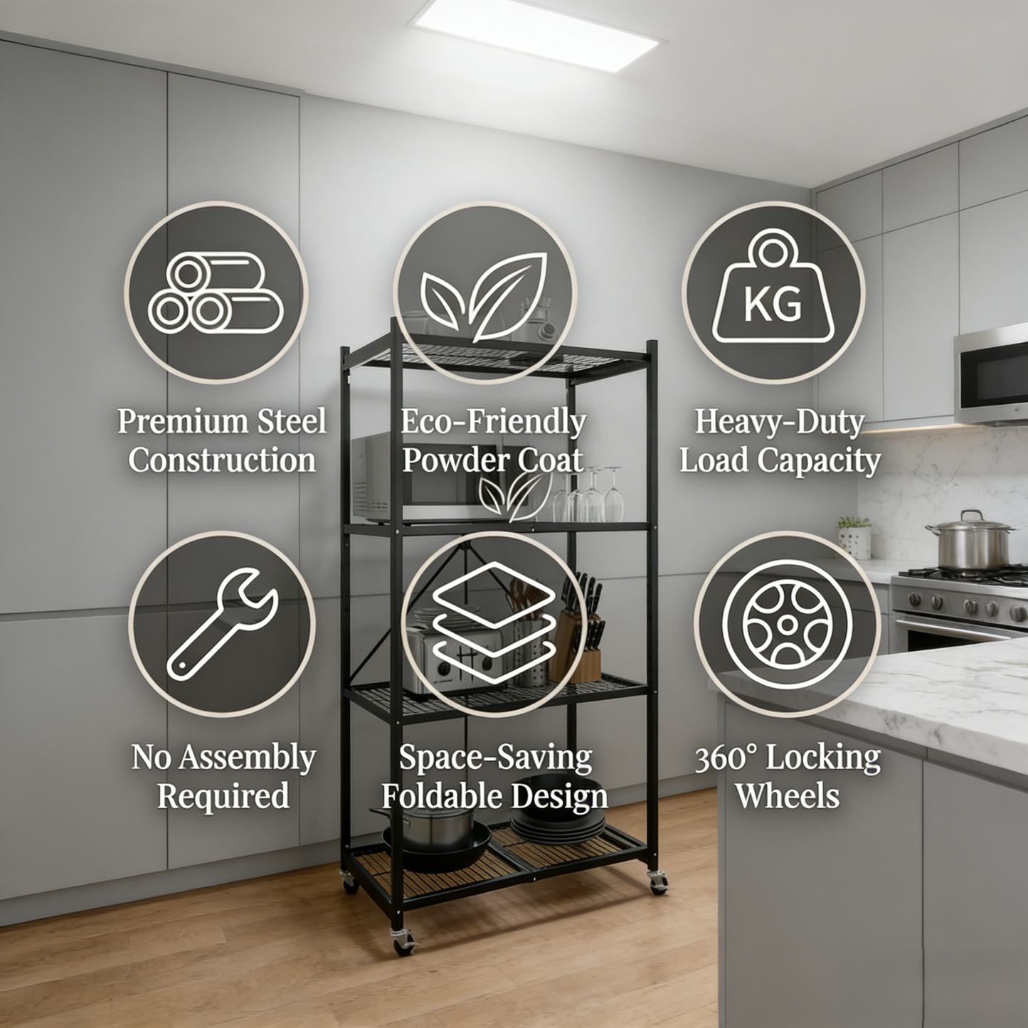 NO ASSEMBLY NEEDED! Easy Fold & Store 360° Storage Rack
