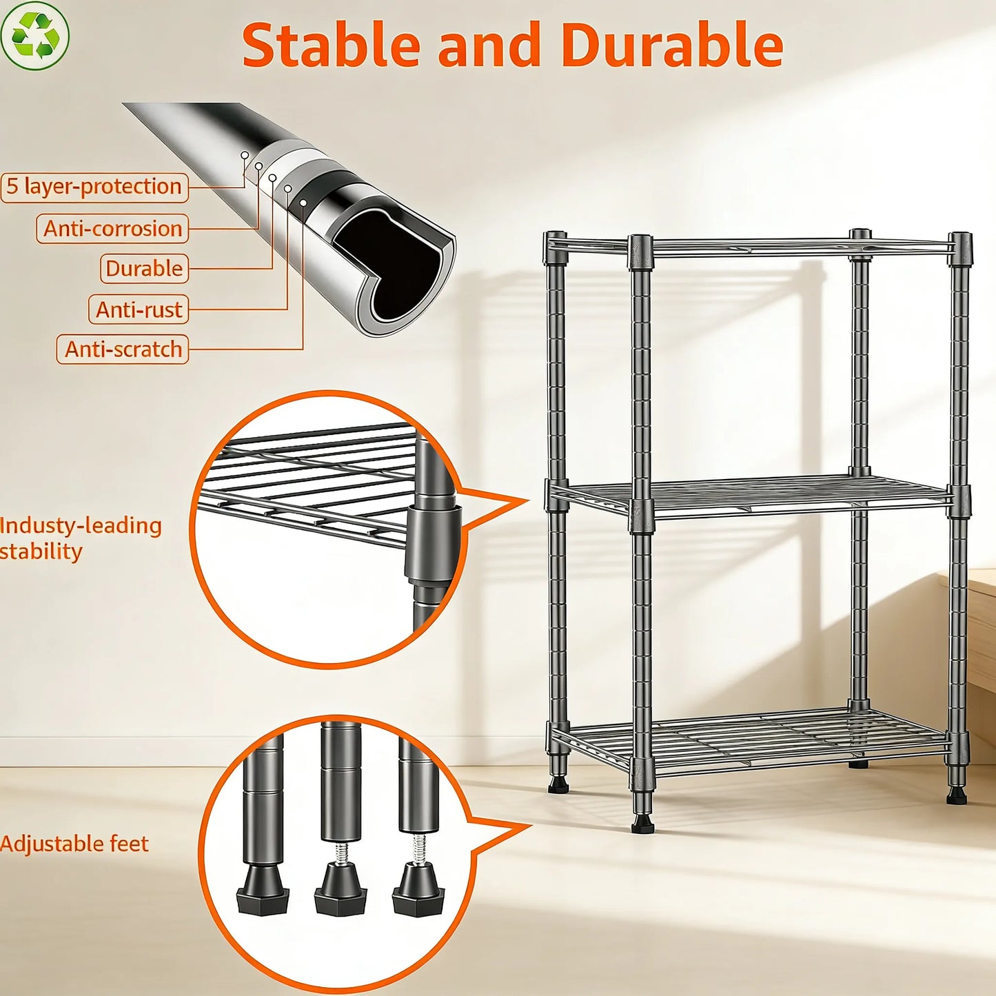 3-Tier Steel Utility Rack, High Capacity & Compact, Multi-Scene Organizer for Home, Kitchen & Office.