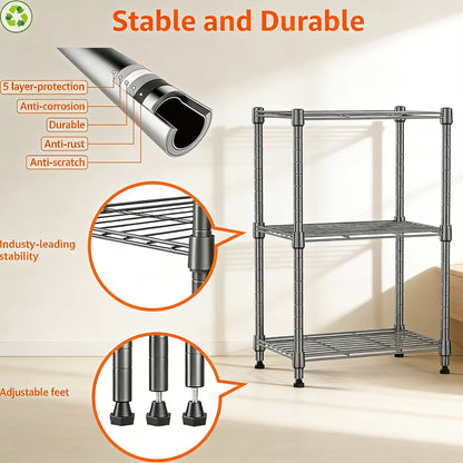 3-Tier Steel Utility Rack, High Capacity & Compact, Multi-Scene Organizer for Home, Kitchen & Office.