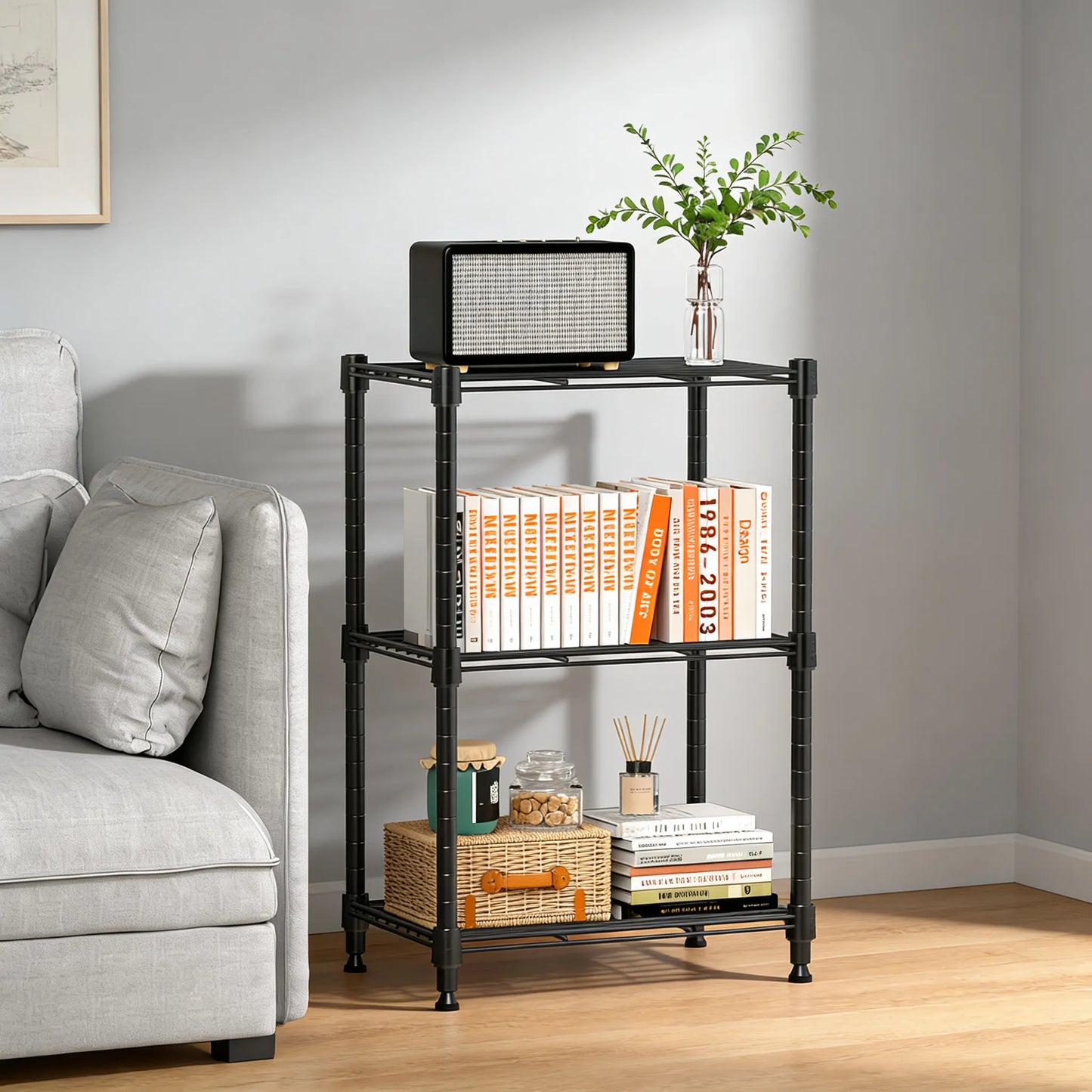 3-Tier Steel Utility Rack, High Capacity & Compact, Multi-Scene Organizer for Home, Kitchen & Office.