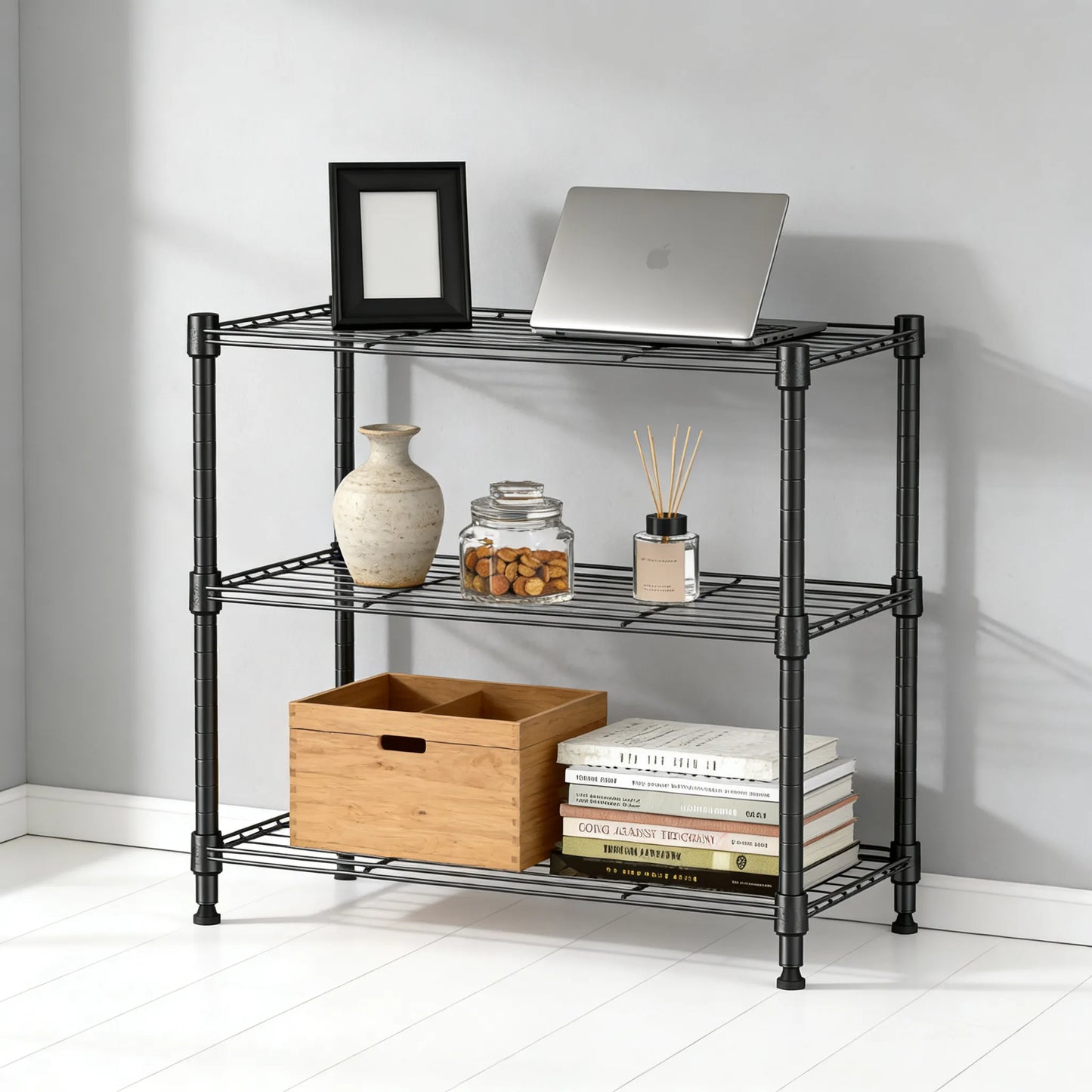 3-Tier Steel Utility Rack, High Capacity & Compact, Multi-Scene Organizer for Home, Kitchen & Office.