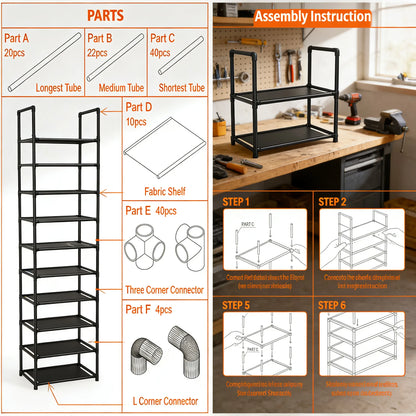 10-Tier Sturdy Shoe Rack, Holds 20-25 Pairs