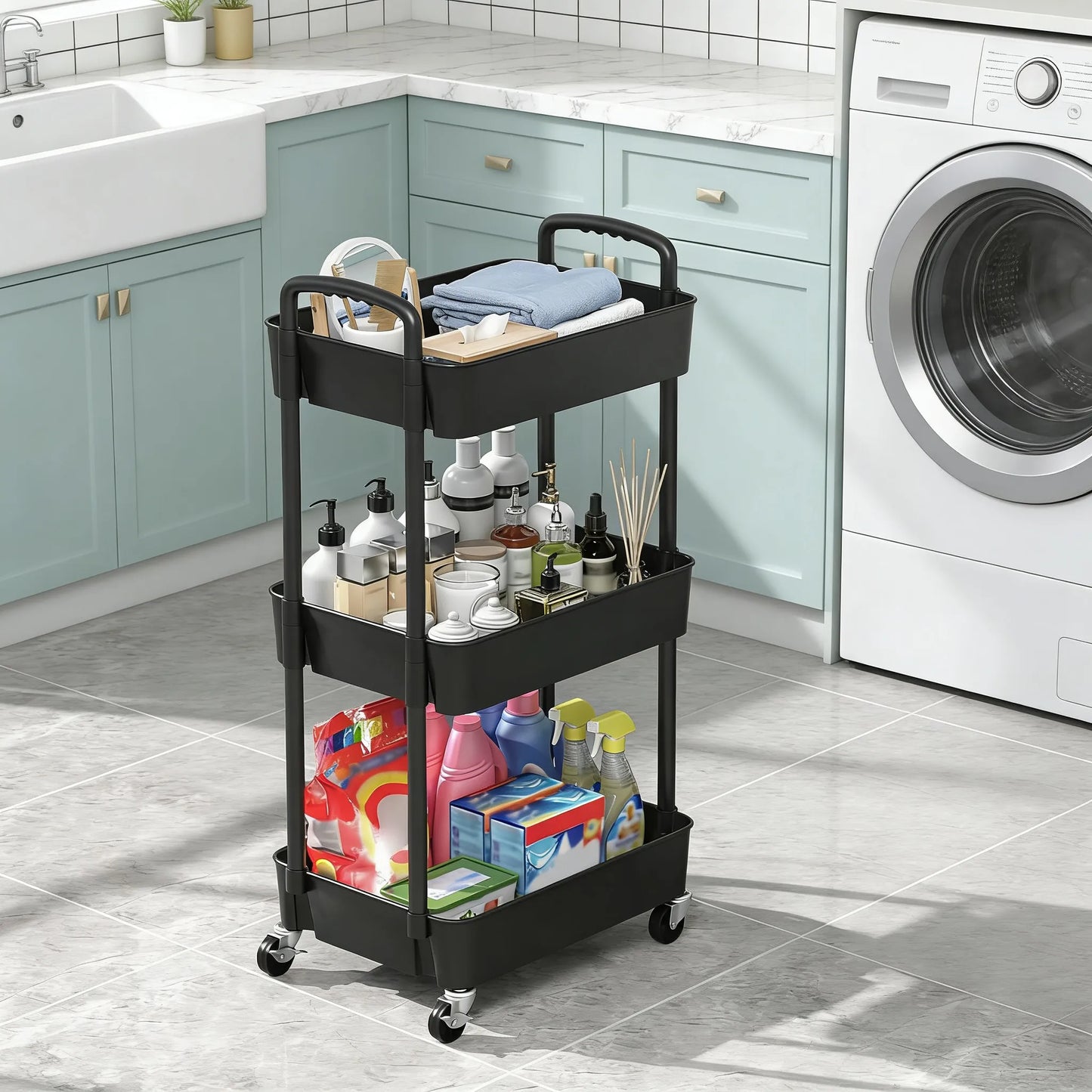 3-Tier Plastic Cart with Wheels, Mobile Storage Organizer