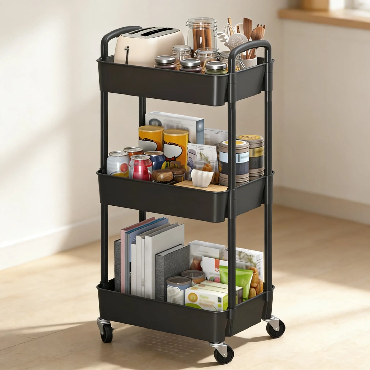 3-Tier Plastic Cart with Wheels, Mobile Storage Organizer