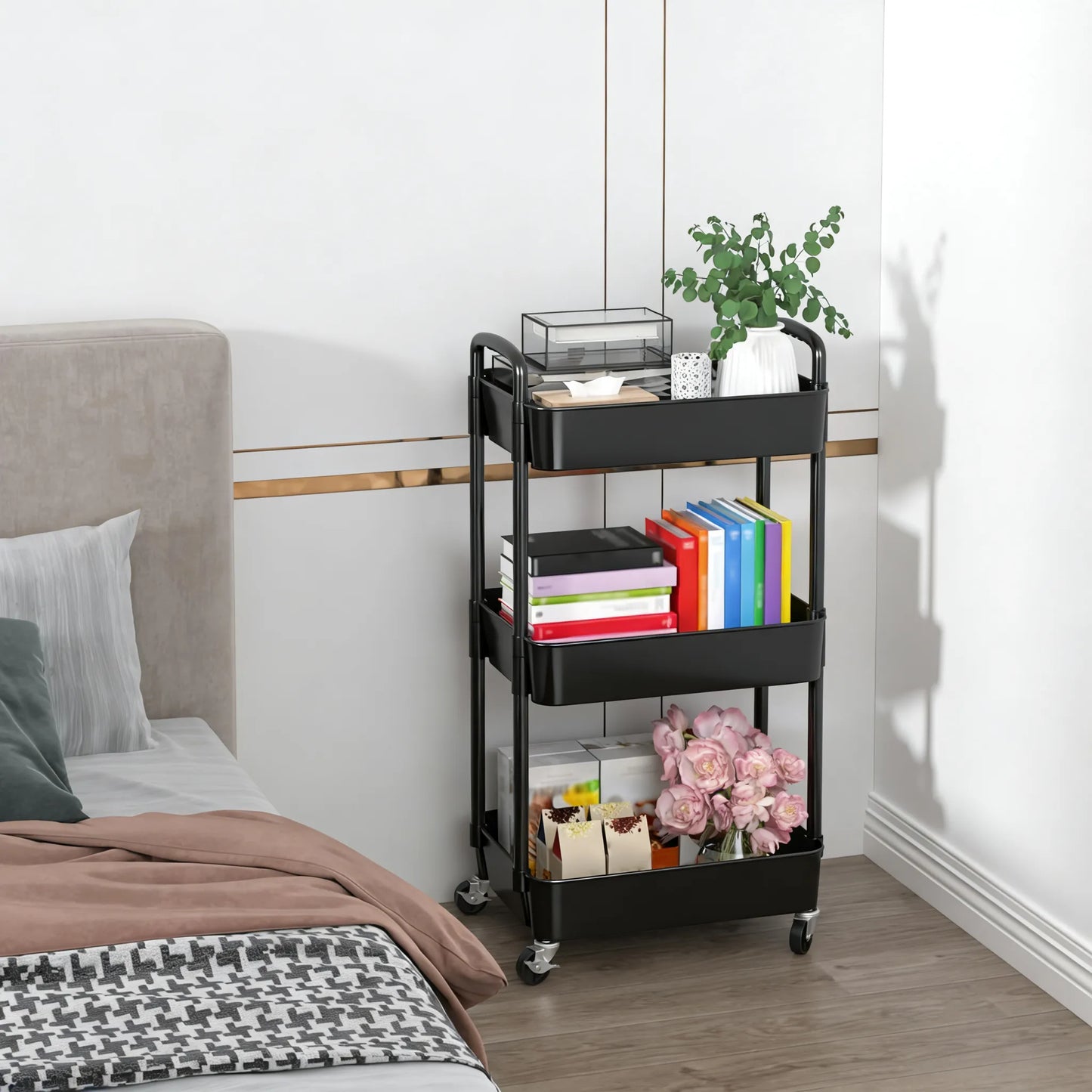 3-Tier Plastic Cart with Wheels, Mobile Storage Organizer
