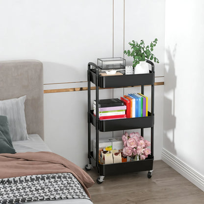 3-Tier Plastic Cart with Wheels, Mobile Storage Organizer