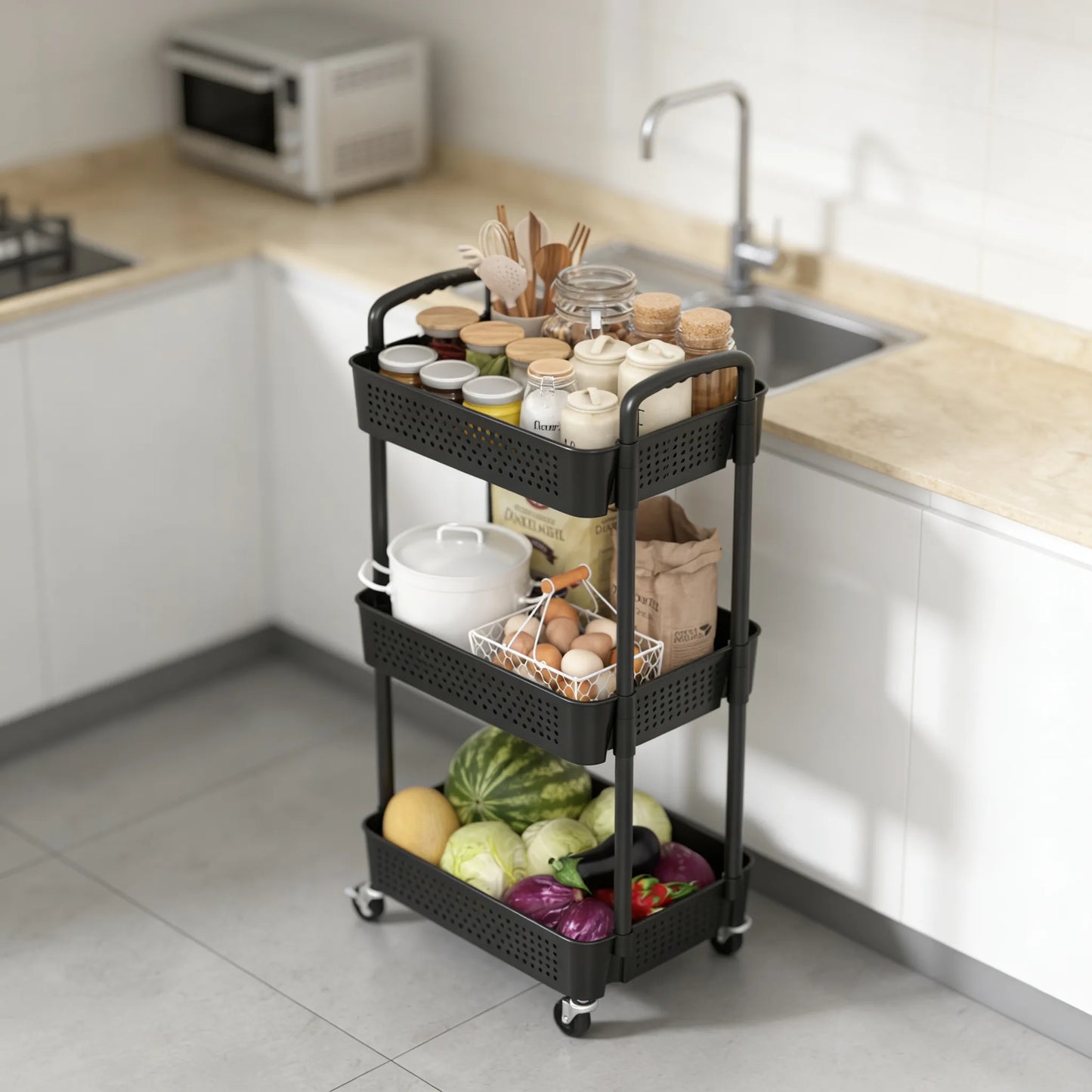 3-Tier Plastic Cart with Wheels, Mobile Storage Organizer
