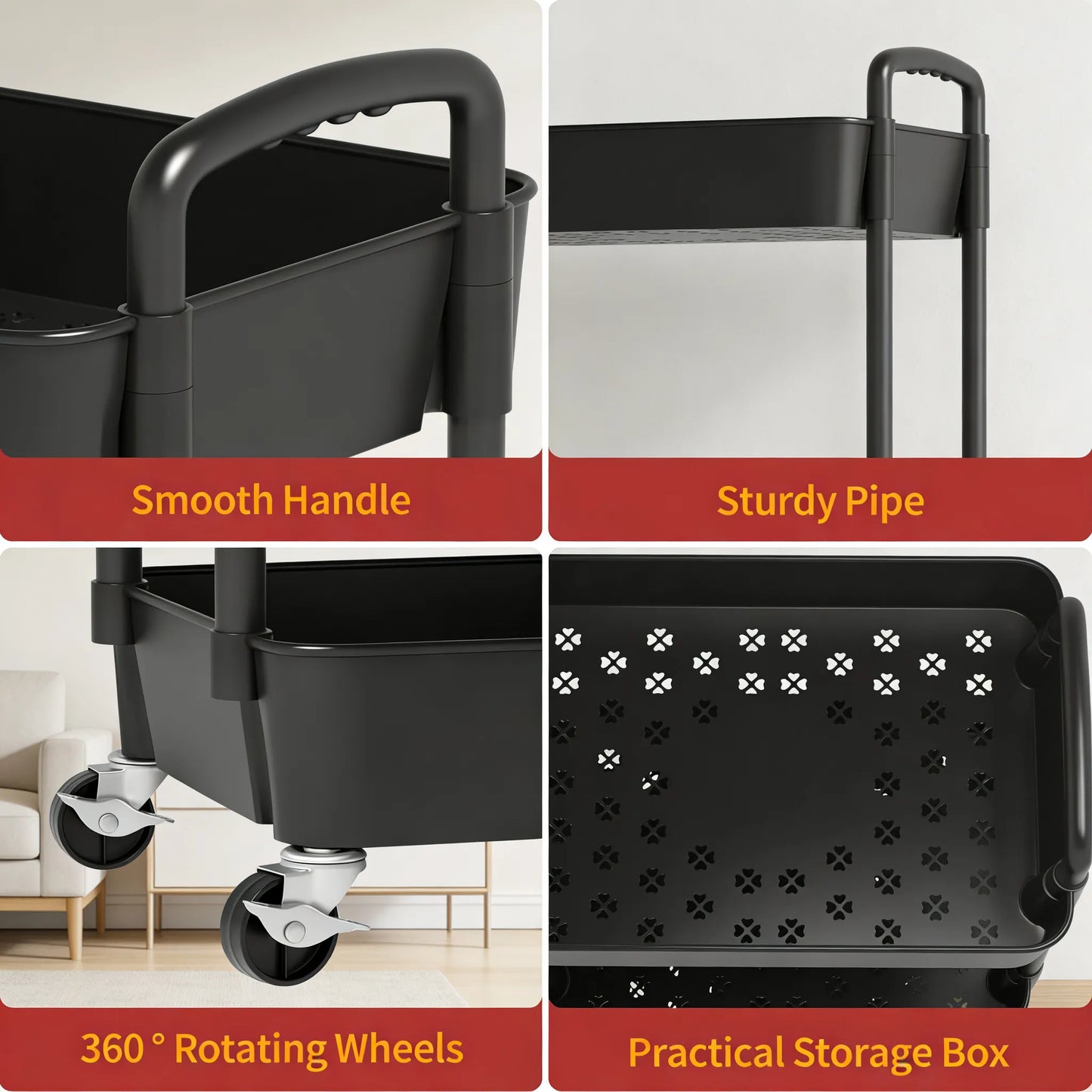 3-Tier Plastic Cart with Wheels, Mobile Storage Organizer