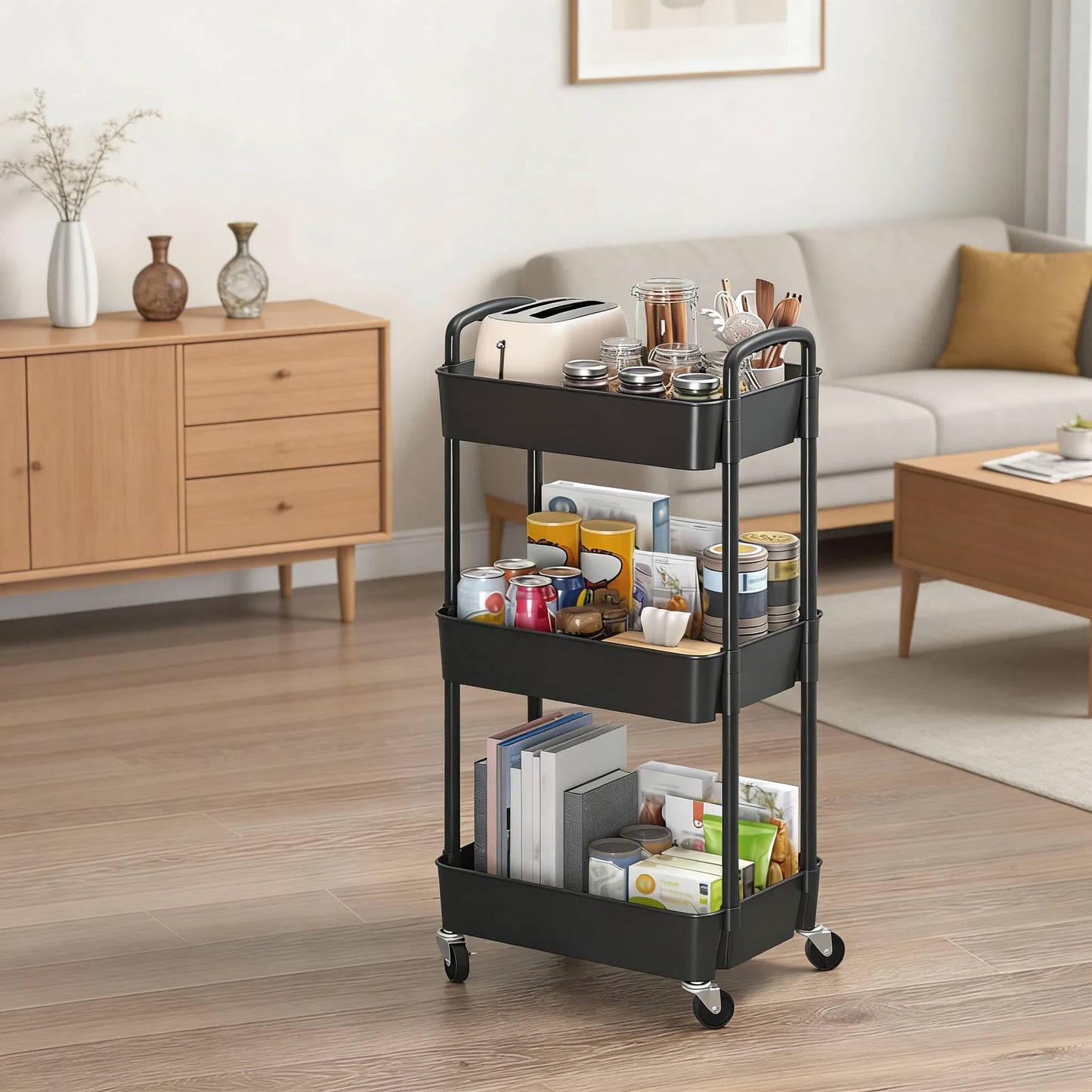 3-Tier Plastic Cart with Wheels, Mobile Storage Organizer