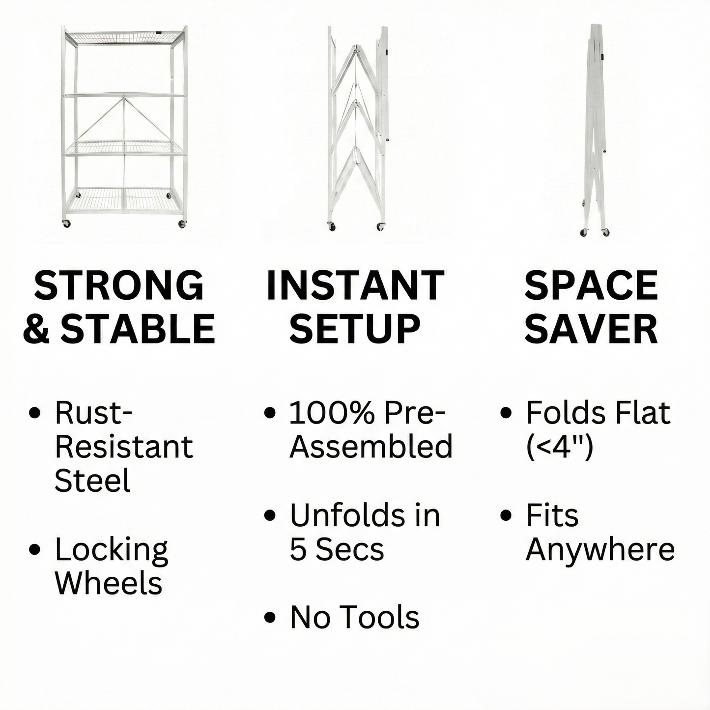 NO ASSEMBLY NEEDED! Easy Fold & Store 360° Storage Rack