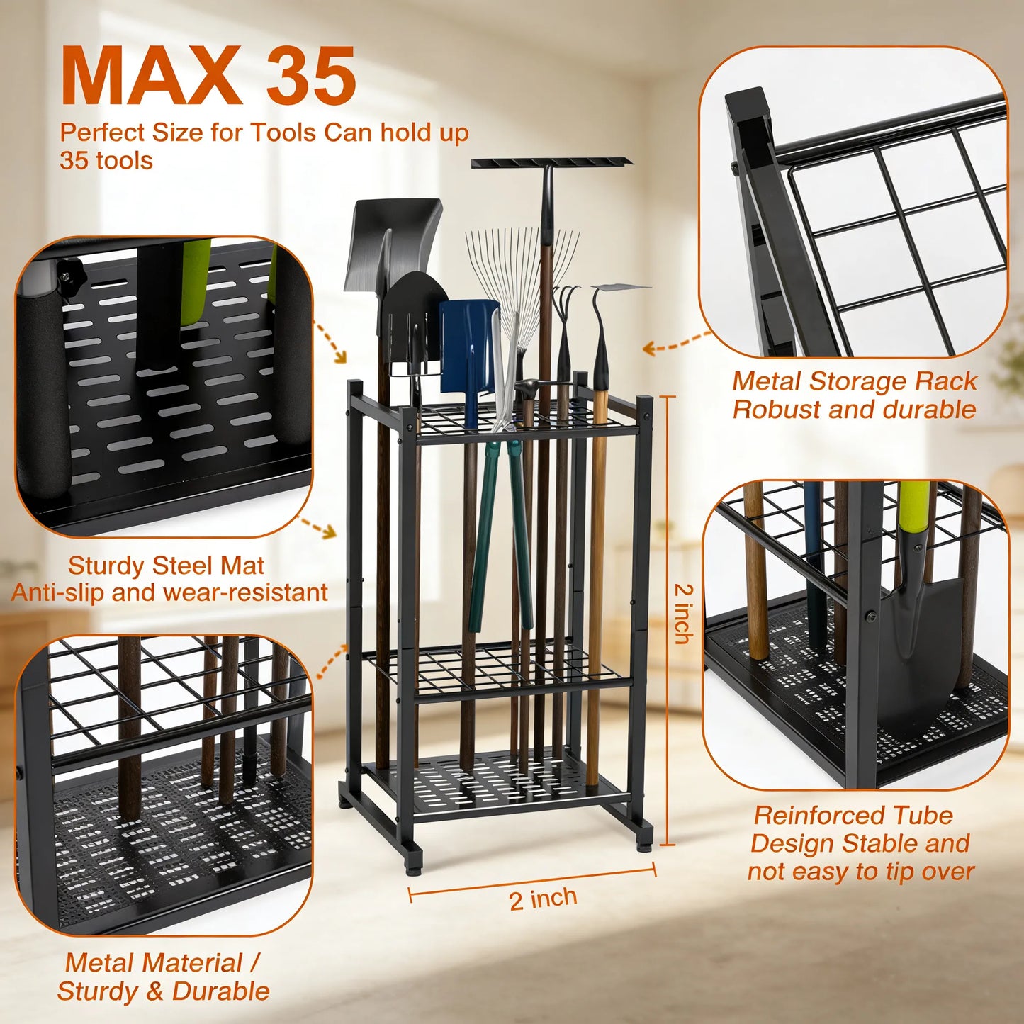 Heavy-Duty Garden Tool Rack, Steel Large-Capacity Vertical Organizer